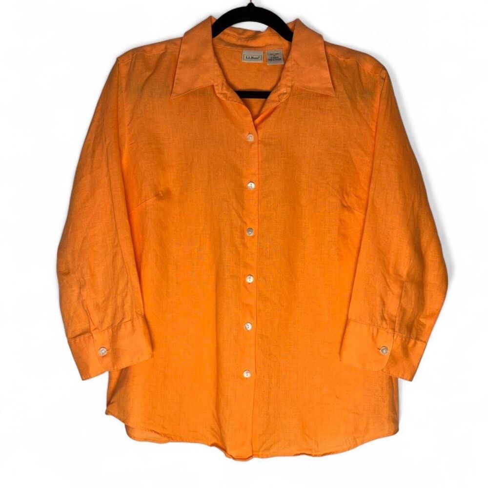 LL Bean 100% Linen Orange Button Up Shirt 3/4 Sleeves size M Like New